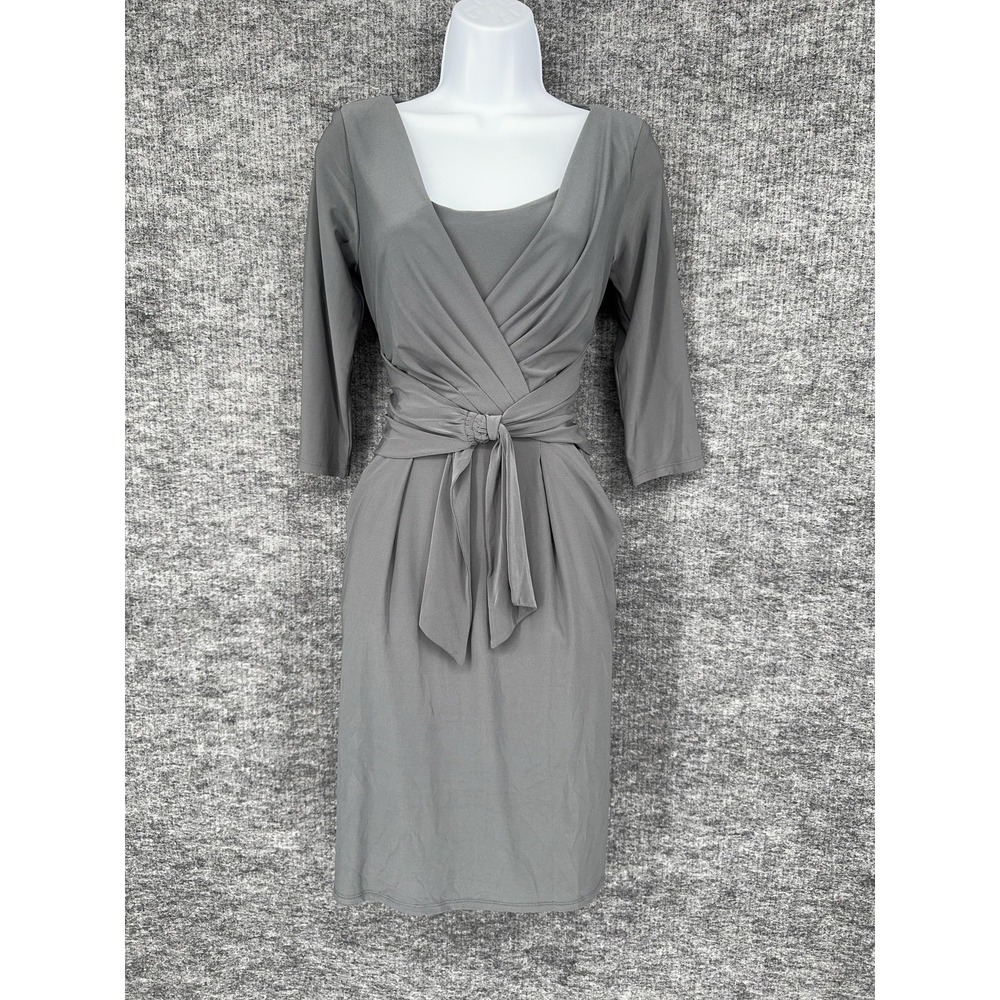 Lauren Ralph Lauren Dress Womens 8 Gray Wrap‎ 3/4 Sleeve Jersey Pockets Belted